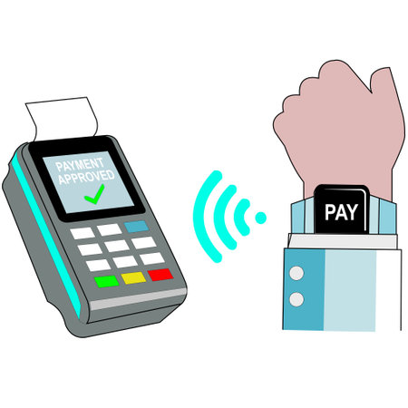 Hands with smartwatch near POS terminal vector illustration. Cartoon NFC chip technology for paying for purchases in-store. Wireless contactless cashless payment concepのイラスト素材