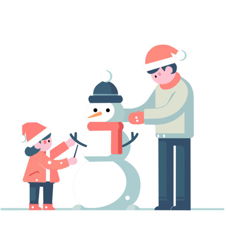 Father with child building snowman outdoors. Parents and kid spend time outside playing together. Wintertime leisure and activities. Xmas and New Year holidays. Vector in flatのイラスト素材