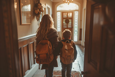 Back view of mother and son with backpacks standing in hallway at homeの素材