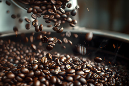 Coffee beans falling into a coffee grinder, close upの素材