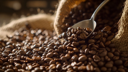 coffee beans in a sack with a spoon on a wooden backgroundの素材
