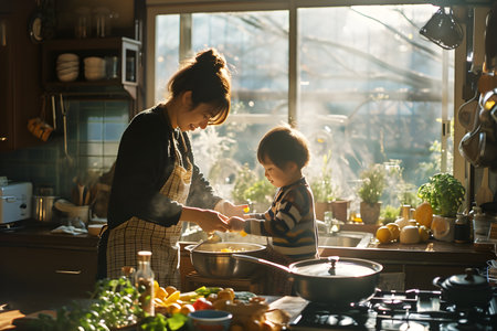 Mother and son cooking together in the kitchen at home. Happy family concept.の素材