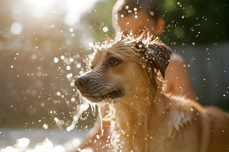 Golden retriever taking a shower in the backyard. Selective focus.の素材