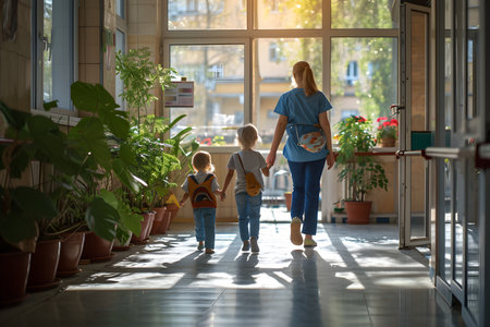 Mother and children walking in the corridor of a modern office building.の素材