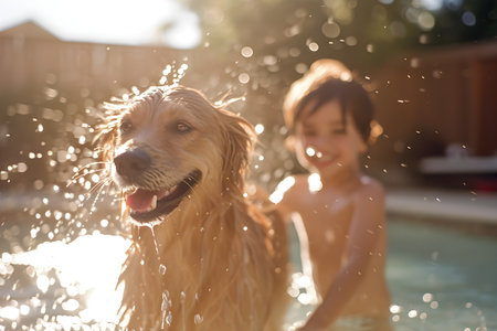 Portrait of a happy young boy playing with his dog in a poolの素材