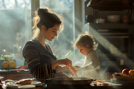 Mother and daughter cooking together in the kitchen. Happy family concept.の素材