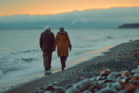 Senior couple walking on the beach at sunset, holding hands and looking at the seaの素材