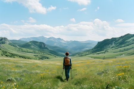 Hike in the mountains. A woman with a backpack travels through the mountains.の素材