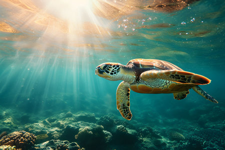 Hawaiian Green Sea Turtle (Chelonia mydas) swimming underwaterの素材