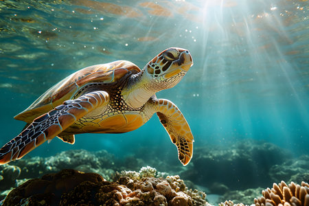 Green sea turtle swimming underwater in coral reef. Tropical sea life.の素材
