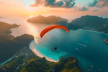 Paraglider flying over Phi Phi island at sunset, Thailandの素材