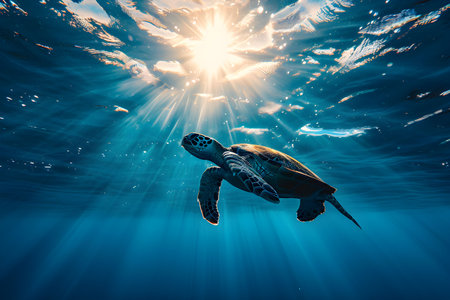 Green sea turtle swimming in blue ocean water with sun rays and lens flareの素材