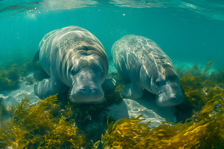 Couple of walrus swimming underwater in the ocean with algae.の素材