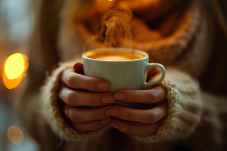 Woman holding cup of hot coffee in winter, closeup. Cozy atmosphereの素材