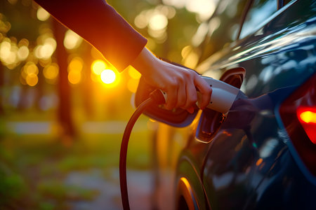 A person is plugging in an electric vehicle for charging, captured against the warm glow of the setting sun in an urban area.の素材