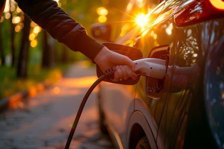 A person is plugging in an electric vehicle for charging, captured against the warm glow of the setting sun in an urban area.の素材