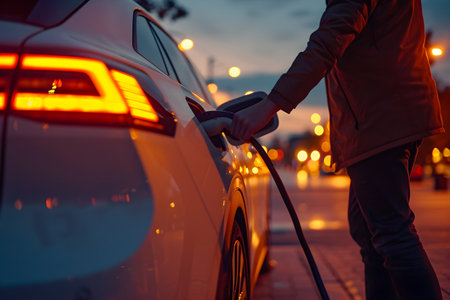 A person is plugging in an electric vehicle for charging, captured against the warm glow of the setting sun in an urban area.の素材