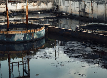 Sewage in Wastewater Treatment Plants,wasteWater with Garbage,Dirty Black Water Emits a Foul Odorの素材