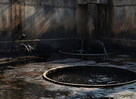 Sewage in Wastewater Treatment Plants,wasteWater with Garbage,Dirty Black Water Emits a Foul Odorの素材