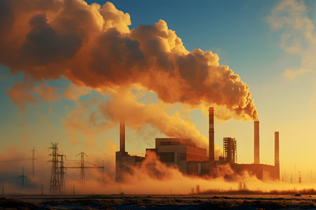 The plant emits smoke and smog from the pipes at mist cloudy, pollutants enter the atmosphere.の素材