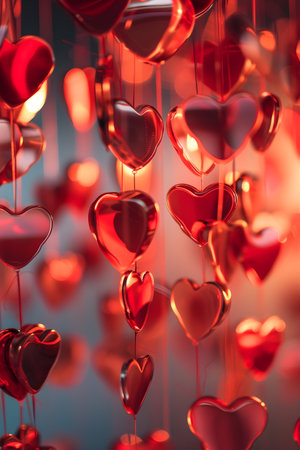 Close-up view of shiny, translucent hearts with reflective surfaces on a glowing, warm background, perfect for Valentine's Day.の素材