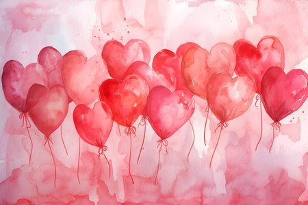 Digital illustration of numerous red hearts floating against a vibrant Valentine's Day themed backdrop.の素材