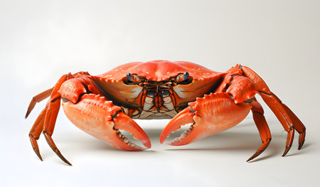 A vivid image of a large red crab with orange spots, showcasing its detailed anatomy, isolated on a white background.の素材