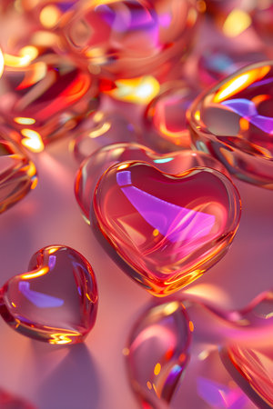 Close-up view of shiny, translucent hearts with reflective surfaces on a glowing, warm background, perfect for Valentine's Day.の素材