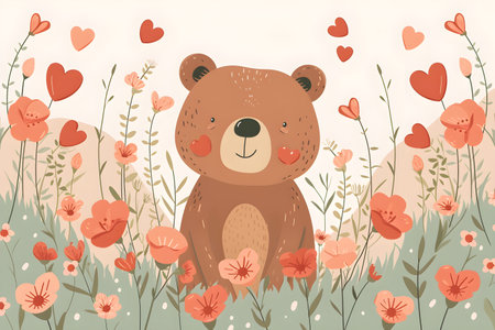 A sweet illustration for Valentine's Day featuring a lovable purple bear holding a pink heart amidst a whimsical, floral setting.の素材