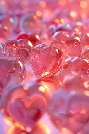 Close-up view of shiny, translucent hearts with reflective surfaces on a glowing, warm background, perfect for Valentine's Day.の素材