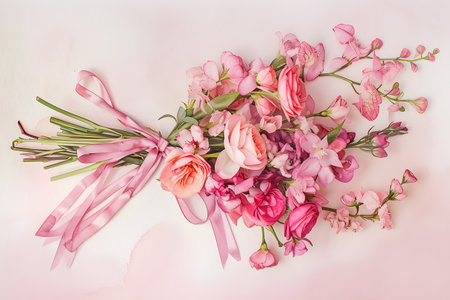 A delicate watercolor painting of a bouquet of flowers, tied with a pink ribbon, set against a soft pastel pink background.の素材