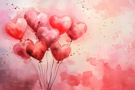 Digital illustration of numerous red hearts floating against a vibrant Valentine's Day themed backdrop.の素材