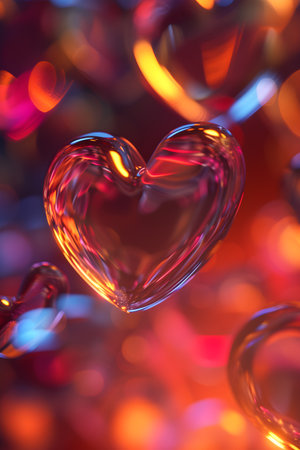 Close-up view of shiny, translucent hearts with reflective surfaces on a glowing, warm background, perfect for Valentine's Day.の素材