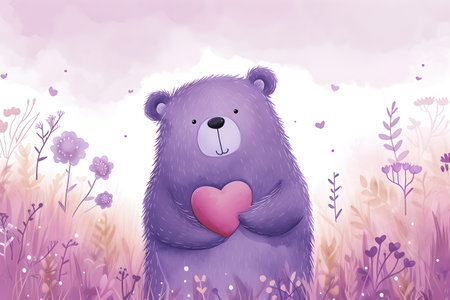 A sweet illustration for Valentine's Day featuring a lovable purple bear holding a pink heart amidst a whimsical, floral setting.の素材