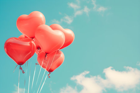 Dreamy scene with a cluster of red heart-shaped balloons floating against a clear blue sky, evoking Valentine's Day romance.の素材