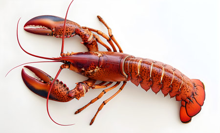 High-resolution image of a single lobster, showcasing detailed texture and colors, shot from above on a white backdrop.の素材