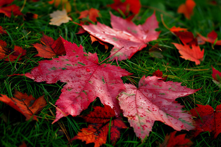 Vivid red maple leaves with fresh raindrops rest on lush green grass, symbolizing the change of seasons.の素材