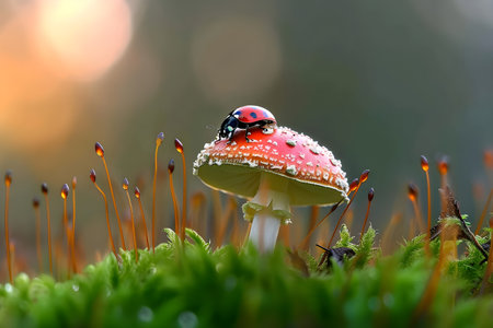 A single ladybug explores a dew-covered mushroom amid the mystical glow of a forest at sunrise or sunset.の素材