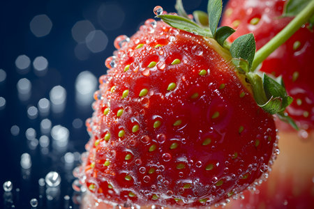 Close-up of a ripe strawberry with sparkling water droplets and air bubbles against a dark blue background.の素材