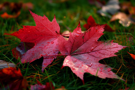 Vivid red maple leaves with fresh raindrops rest on lush green grass, symbolizing the change of seasons.の素材