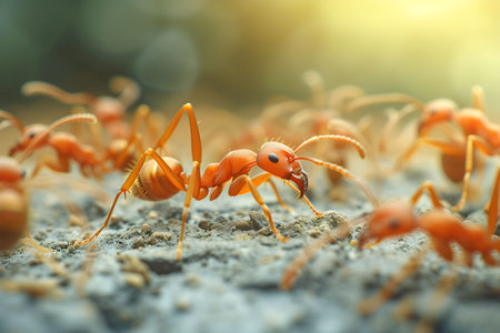 A group of ants demonstrating teamwork on sandy terrain, working together to locate and gather food in their habitat.の素材