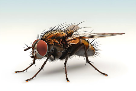 Extreme close-up of a housefly with intricate details, isolated on a white background emphasizing its features and structure.の素材