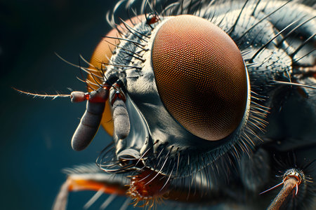 This high-resolution image magnifies the complex and textured surface of a fly's faceted compound eye, surrounded by intricate sensory hairs.の素材