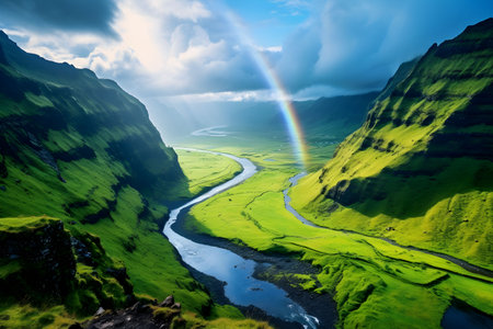 A brilliant rainbow stretches over a vibrant green valley with a winding river, flanked by steep mountains under a dynamic sky.の素材