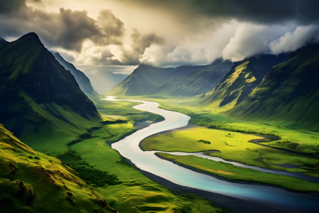 With a dynamic sky above, a winding river snakes through a vibrant green valley, embraced by steep mountains and adorned by a brilliant rainbow.の素材
