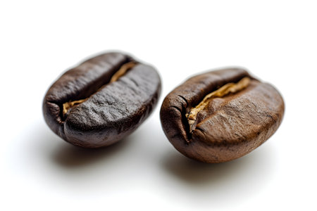 A macro shot capturing the rich textures and dark roast of two Arabica coffee beans isolated on a white background.の素材