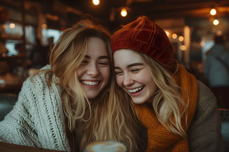 Two happy young women laughing together, enjoying a cozy moment in a warm, rustic cafe setting.の素材