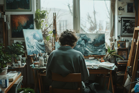 An artist sits immersed in contemplation, surrounded by the creative chaos of a home art studio filled with plants and paintings.の素材