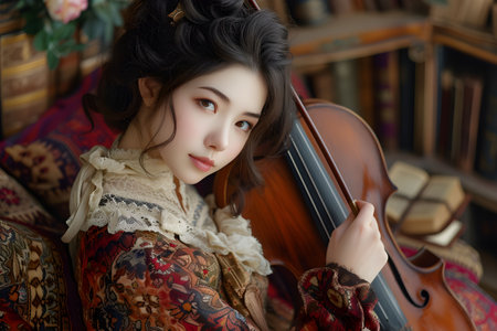 A young classical musician cradles her violin, surrounded by the timeless ambiance of a room filled with antique books and rich tapestries.の素材