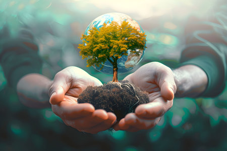Tenderly held by hands that bridge generations, a young plant represents our collective obligation to nurture and safeguard the environmentの素材